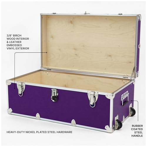 Rhino Trunk & Case Large Essential Trunk With Wheels 32”x18”x14”, 1000+ lbs Capacity - Many Colors. Strong, USA Made Summer Camp Footlocker, and Secure College Dorm Storage Chest - color: Purple