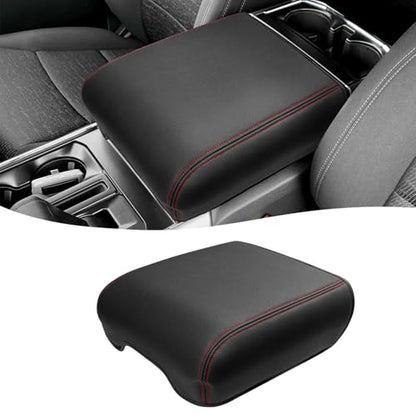 Center Console Cover for 2021-2026 Ford F150 Accessories, Vinyl Leather Middle Armrest Cusion Protector, Anti-Scratch, Black Red Stitches, Bucket Seat Only(not for Work Station) - size: Bucket Seat, 2021-2026 F150, red stitch