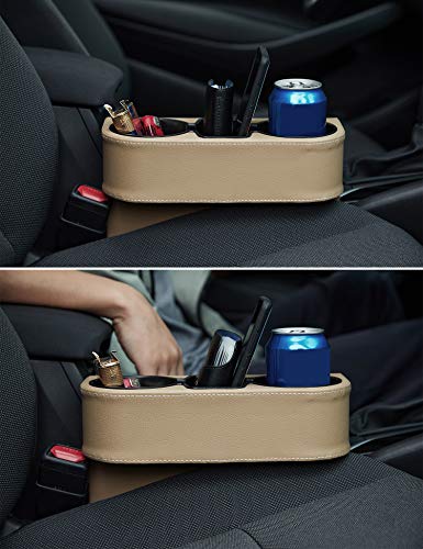 IOKONE Coin Side Pocket Console Side Pocket Leather Cover Car Cup Holder Auto Front Seat Organizer Cell Mobile Phone Holder (Beige) - color: Beige
