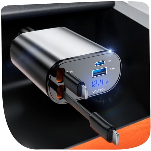 Retractable Car Charger, 4 in 1 Fast Charging 69W, Cigarette Lighter Adapter 2 Retractable iPhone Cables and USB Car Charger,Compatible with iPhone 14/13/12/11,Galaxy,Pixel - size: Cords for apple 5-14