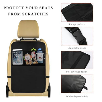 2 PCS Kick Mats with Organizer, Waterproof Auto Backseat Protector Oxford Kick Mat with 2 Mesh Pockets, Large Seat Back Covers Protect Against Kids Feet Dust Mud Scratches