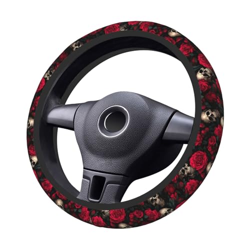 Red Rose Skull Steering Wheel Cover, Non-Slip Breathable Neoprene Steering Wheel Covers, Car Accessories Universal 15 Inch Fit Auto, Suvs, Truck - color: Rose Skull