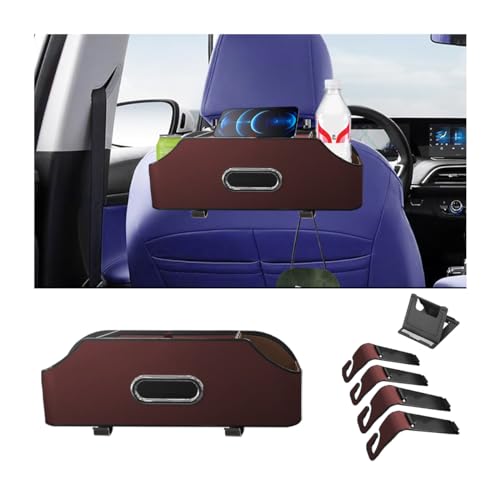 AUCELI Car Seat Back Organizer with Cup Holder and Tissue Box, Headrest Hanging Storage Box with Hooks and Phone Holder, Multi-Function Travel Tray for Kids, Road Trip Car Accessories - color: Brown