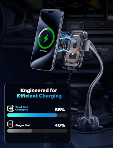 Dual Coil Cup Phone Mount Wireless Charger, Universal Cell Phone Holder, Cup Holder 15W Fast Charging for iPhone 17 16 Pro Max, Samsung Galaxy - Black - style: Wireless Charger Mount