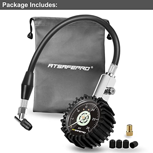 ATsafepro Low Pressure Tire Gauge to 30PSI, 2.5” Mechanical Tire Gauge with Flexible Hose and Angled Chuck, Analog Air Pressure Gauge Glow in The Dark for ATV, Off Road, Lawn Mower Etc - size: 30 PSI