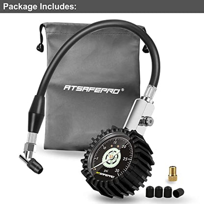 ATsafepro Low Pressure Tire Gauge to 30PSI, 2.5” Mechanical Tire Gauge with Flexible Hose and Angled Chuck, Analog Air Pressure Gauge Glow in The Dark for ATV, Off Road, Lawn Mower Etc - size: 30 PSI