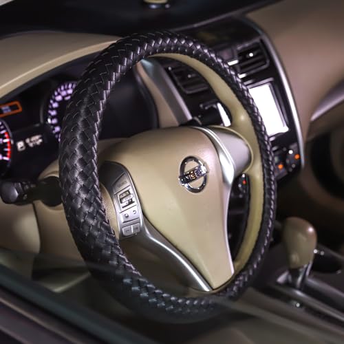Carwales Car Leather Steering Wheel Cover Men Luxury Black Hand-Made Wrap Hand Woven Universal 14.5-15 Inch - color: Black