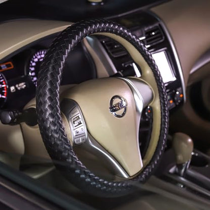 Carwales Car Leather Steering Wheel Cover Men Luxury Black Hand-Made Wrap Hand Woven Universal 14.5-15 Inch - color: Black