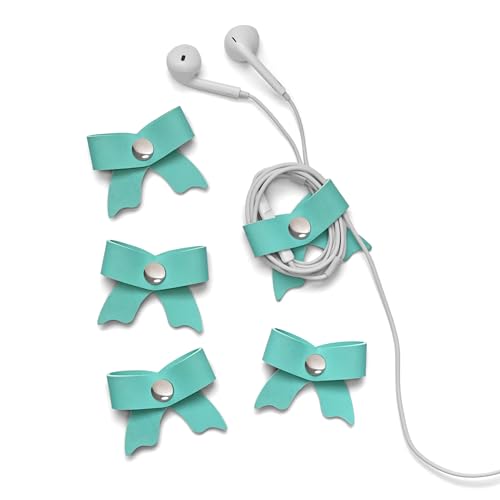 SenseAGE 5 Pack Cord Organizer, Bow Cord Keeper, Cable Organizer USB Holder, Leather Cable Management, Cable Straps, Earphone Winder, Storage Straps for Electronics, Earbuds, Small, Mint - color: Mint, size: Small