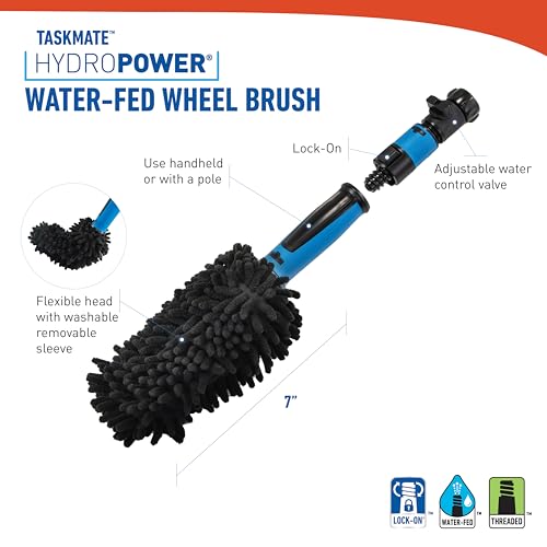Unger 7” Hydropower Wheel & Detail Brush with Adjustable On/Off Water Control Valve for Car and Auto Cleaning, Non-Scratch Microfiber Sleeve, Machine Washable, Flexible for Rims, Tires, and Wheels
