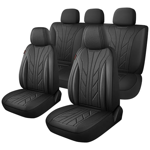 CAROMOP Luxury Faux Leather&Fabric Car Seat Covers Full Set with Breathable 3D Foam Back Support,Universal Comfortable Seat Covers for Cars,Trucks,SUVs, Front Armrests Compatible(5-Seat Black) - color: Black, size: Full Set