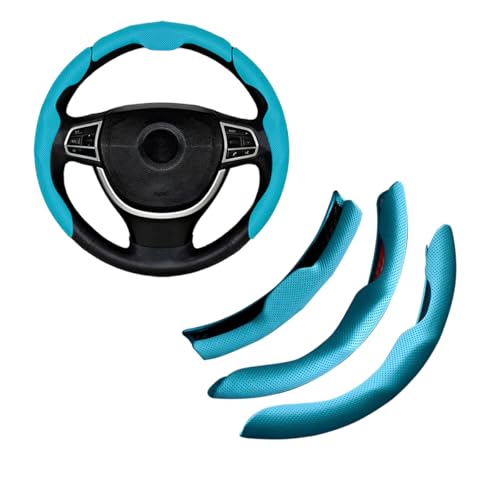 Car Steering Wheel Cover, Nappa Leather 15 Inch Snap-On 3PCS Set Vehicle Steer Wheel Wrap Protector, Non-Slip Automotive Interior Protection Accessories, Universal Fit (Blue) - color: Blue