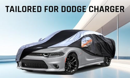 Dodge Charger Car Cover Waterproof All Weather with Silver Strip Design, Custom Fit for Dodge Charger 2006–2023, Charger Accessory with Door Zipper & Windproof Straps - size: Custom Fit Dodge Charger