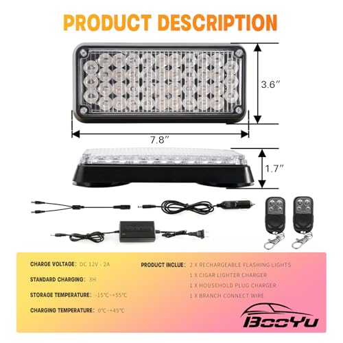 BooYu Amber/White Magnetic Flashing Strobe Light/w Controller, Battery Operated Rechargeable LED Safety Beacon Lights, Portable Emergency Warning Light Bar for Vehicles, Trucks, Car 2-Pcs - color: 2pcs Amber/White