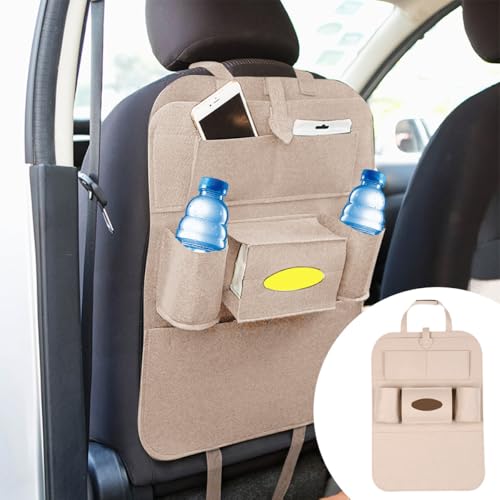 LAINLOY Felt Car Seat Back Organizer, Kick Mats Car Back Seat Protector for Kids, 6-Pocket Storage for Tissue, Box, Pen, Toy, Automobile Road Trip Accessories for SUV, RV, Truck (Beige) - color: Beige