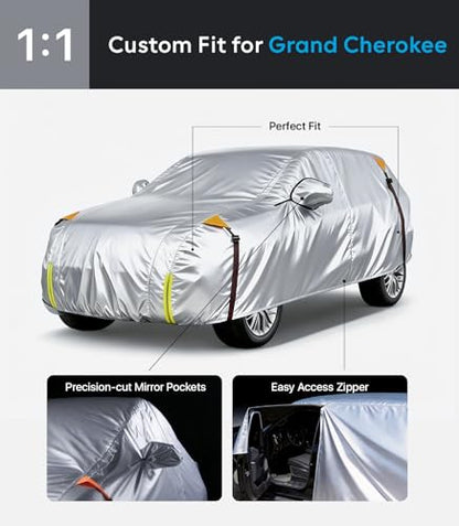 Wigoo Jeep Grand Cherokee Car Cover Accessories 1999-2026, Custom Fit Waterproof All Weather Outdoor Full SUV Cover, Windproof Sun UV Rain Snow Dust Protection, Door Zipper, Reflective Strips - size: for Jeep Grand Cherokee (1999-2026)