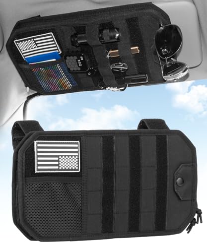 DEEPLITE Car Sun Visor Organizer with Double Zipper Multi-Pockets & Glasses Clip, Semi-Rigid Molle Panel with Patch for Driving Essentials - Heavy Duty Straps Fits Trucks, SUV, Vehicles