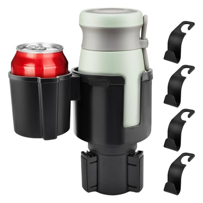 2-in-1 Car Cup Holder Expander with 4 Hooks - Upgraded Adjustable & Expandable Base, Offset Option, Versatile Car Accessories Fits Yeti, Hydroflask, Large Water Bottles