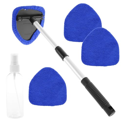 Windshield Cleaning Tool, Car Window Cleaner with Extendable Long Handle and 4 Washable Reusable Microfiber Pads and Spray Bottle, Auto Interior Exterior Glass Wiper Kit Supplies (Blue) - color: Blue
