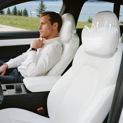 Upgraded Car Seat Neck Pillow - Adjustable Height Headrest Cushion - Fits Tesla Model 3/Y/S/X High Elastic Pearl Cotton Interior and Ventilated Nappa Leather - Neck Pain Relief (2 Pack White) - color: White