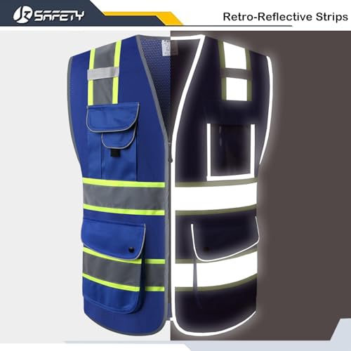 JKSafety 9 Pockets High Visibility Zipper Front MESH Blue Safety Vest | Blue with Dual Tone High Reflective Strips | ANSI/ISEA Standards (100-Blue, M) - color: Mesh-blue, size: Medium