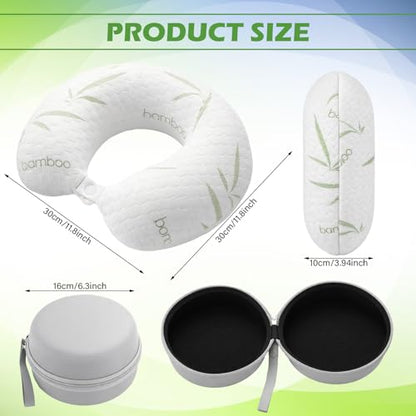 Bamboo Memory Foam Travel Pillow Set for Airplanes Head Support Neck Pillow for Sleeping Travel Headrest for Cars Planes Machine Washable Cover