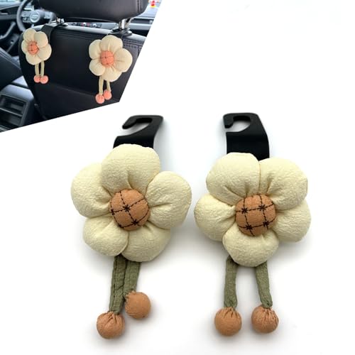 2 PCS Cute Sunflower Car Seat Headrest Hooks, Multifunctional Seat Back Hanger, Vehicle Back Seat Headrest Hanger Holder for Grocery Bag, Handbag, Clothes (White) - color: White