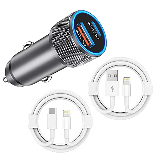 iPhone Car Charger,USB C Fast Car Charger[Apple MFi Certified] Apple Car Charging 38W Dual Port CarCharger Cigarette Lighter Adapter 2x3ft PD&QC 3.0 Lightning Cable for iPhone 14/13/12 Pro/11/Airpods - color: Grey, size: USB A & USB C