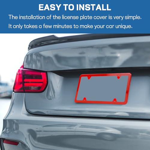 Wuyaoyao 2PCS Car License Plate Frames, 4 Holes Stainless Steel License Plate Frame, Slim License Plates Cover Holder with Screws Bolts Caps Washers, Universal Exterior Car Accessories (Red) - color: Red
