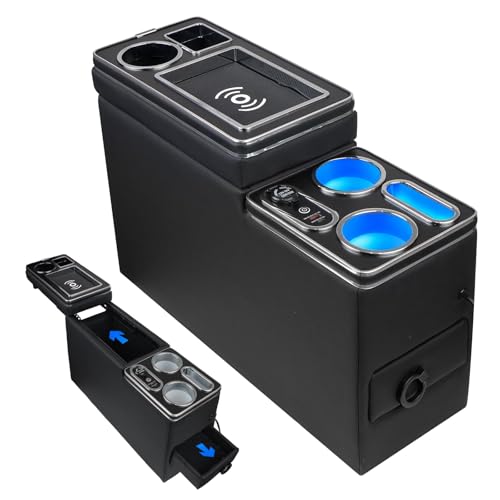 Center Console Between Seat Organizer for Minivans & SUVs - with Wireless Charging Pad, Blue LED Ambient Light, Phone Holder & Cup Holders, Middle Van Floor Console Storage Box (Black)