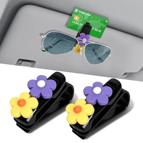 2PCS Flowers Car Sun Visor Sunglass Holder, Visor Sunglasses Clip, Multifunctional Sunglasses Holder and Ticket Card Clip, Car Sunglass Organizer for Different Size Glasses (Purple/Yellow) - color: Purple/Yellow