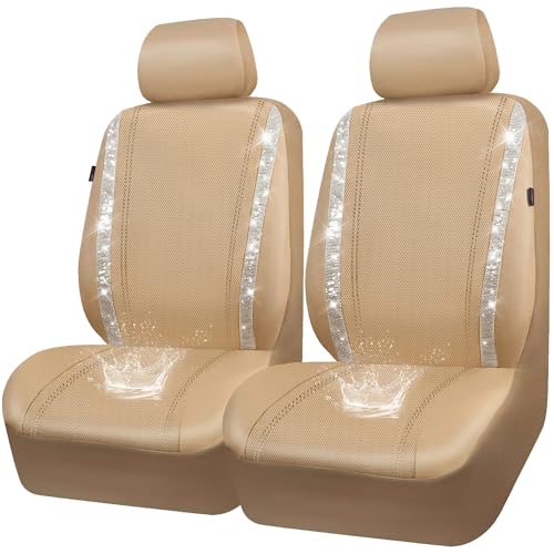 CAR PASS Leather Bling Diamond Car Seat Covers 2 Front Interior Sets, Waterproof Universal Shining Glitter Crystal Sparkle Fit for 95% Automotive Truck SUV Cute Women Girl, Beige Rhinestone - color: Beige Leather, size: Two Front Seats