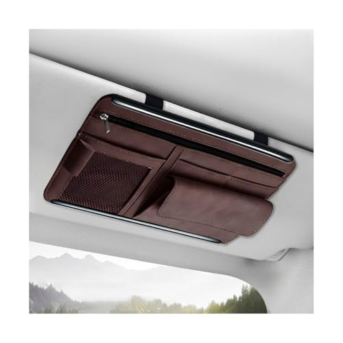 Car Sun Visor Organizer, Soft Leather Vehicle Sunshade Glasses Storage Bag with Net Zipper, Automotive Multi-Pocket Organizer for Drive License Card Glasses Document (Brown) - color: Brown