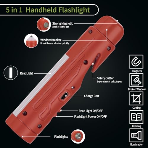 KnLnny Ware Automotive Escape Tool, Window Breaker,Seatbelt Cutter, Car Flashlight, 5 in1 Auto Tactical Gear, USB Charging, Magnetic Attraction, Emergency Kit Self Defense Accessories,Red - color: Red