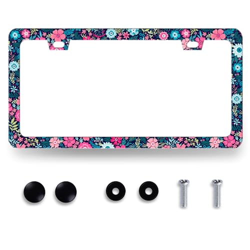 Colorful Flowers License Plate Frame Beautiful Floral Flower License Plate Holder for Women Car Decorative Stainless Steel Cute License Plate Flowers Auto Parts with Screws 12.2"x 6.2" - color: Bright Colorful Floral Flowers