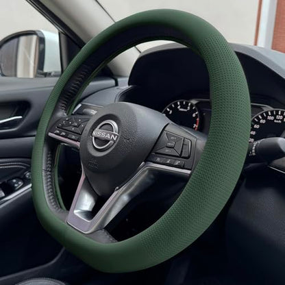 PINCTROT D Shaped Nappa Leather Steering Wheel Cover, Slim Fit No Bulk Design, One Piece Leather with Breathable Perforation, Fit Like Gloves, Flat Bottom 14.5-15 Inch(Nappa Green) - color: 11.Green, size: D Shaped/Flat Bottom[14 1/2''-15'']