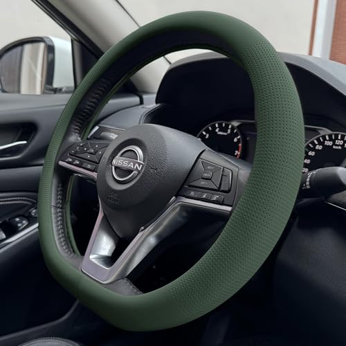 PINCTROT D Shaped Nappa Leather Steering Wheel Cover, Slim Fit No Bulk Design, One Piece Leather with Breathable Perforation, Fit Like Gloves, Flat Bottom 14.5-15 Inch(Nappa Green) - color: 11.Green, size: D Shaped/Flat Bottom[14 1/2''-15'']