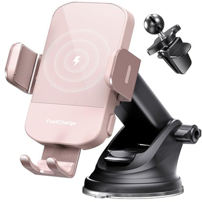 CHGeek Wireless Car Charger, 15W Fast Charging Auto Clamping Car Charger Phone Mount Phone Holder fit for iPhone 15 14 13 12 11 Pro Max Xs, Samsung Galaxy S24 Ultra S23 S22 S21, S20, S10+, Pink - color: Pink