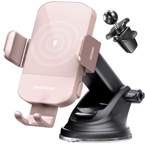 CHGeek Wireless Car Charger, 15W Fast Charging Auto Clamping Car Charger Phone Mount Phone Holder fit for iPhone 15 14 13 12 11 Pro Max Xs, Samsung Galaxy S24 Ultra S23 S22 S21, S20, S10+, Pink - color: Pink
