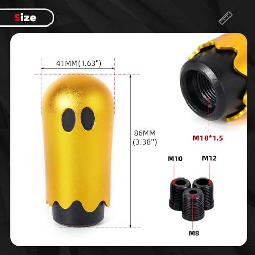 Ghost Shift Knob, Aluminum Weighted Automotive Gear Shift Manual knobs Lever with 3 Threaded Adapters M8 M10 M12 x 1.25, Universal for Vehicle Funny Cool Spooky Car Accessories (Gold) - color: Gold