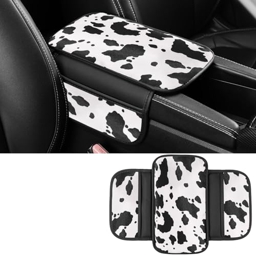 Dotesy Cow Pattern Car Center Console Cover,Microfiber Leather Car Armrest Cover Cushion with 2 Storage Bags,Universal Car Armrest Storage Box Car Interior Accessories for Most Vehicles (Black White) - color: Black White
