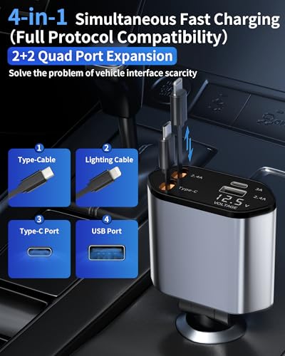Retractable Car Charger, 4 in 1 Fast Charging Car Charger USB-C & USB-A Compatible with iPhone 16/15/14/13/12/11/X,Galaxy,Pixel - color: grey(standard gray)