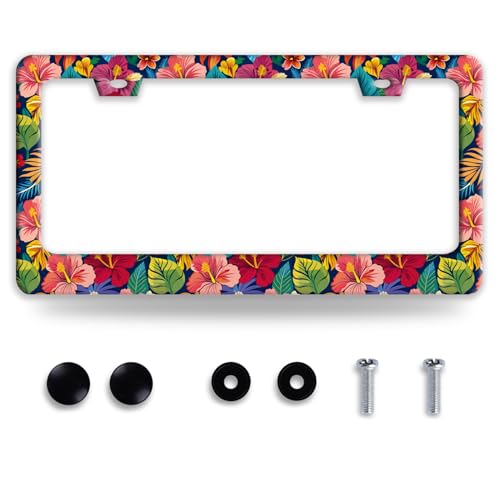 Colorful Hibiscus Flowers License Plate Frame Stainless Steel Tropical Floral License Plate Holder for Women Auto Accessory Decoration 12 x 6 Inch - color: Colorful Hibiscus Floral