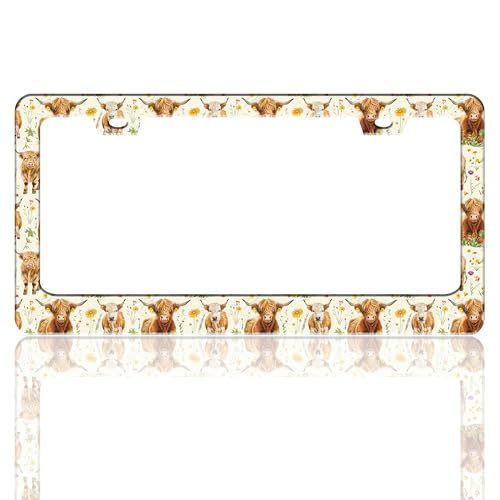 Highland Cow License Plate Frame Cow Animal Flowers Stainless Steel License Plate Holder for Front and Rear Car Tags Funny for Car Decoration Accessories with Screws 6.3 X 12.2 Inch for Women Men - color: Highland Cow