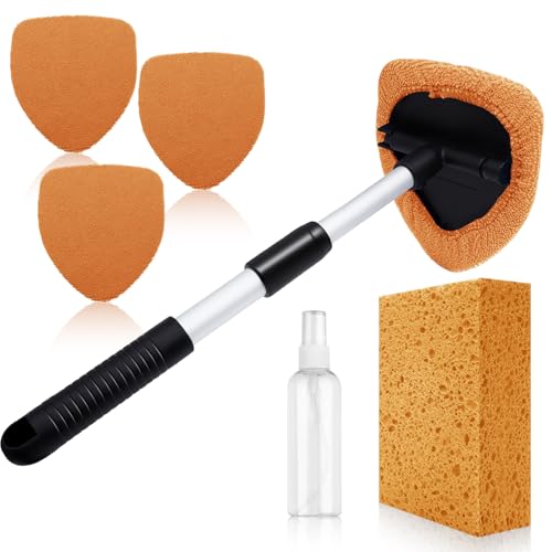 Windshield Cleaner Tool 22.5" L - Car Interior&Exterior Window Cleaning Kit with Extendable Handle&4 Microfiber Pads and Thick Large Wash Sponge,Auto Glass Wiper Brush Kit for Cars Home (7pcs Orange) - color: Orange