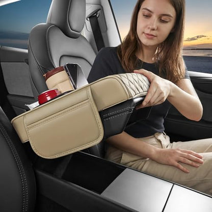 5 in 1 Car Center Console Cover, Armrest Pad with 2 Storage Pockets, Cup Holder, Tissue Box Slot, Phone Holder, Universal Car Interior Organizer (Beige) - color: Beige