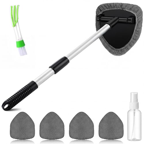 FoldTier 8 Pcs Car Windshield Cleaner Kits with Extendable Handle, 5 Microfiber Towel Pads, 1 Brush, 1 Empty Spray Bottle for Auto Glass Wiper Suvs Rvs & Home Windows (Grey) - color: Grey