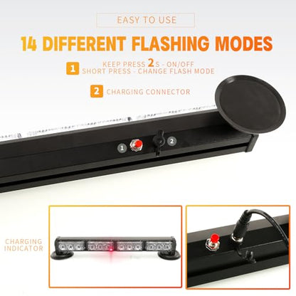 14.8" Battery Powered Emergency Strobe Lights Bar for Truck Vehicle Trailer Rechargeable Roadside Wireless Rooftop Mini Hazard Flashing LED Beacon Warning Light w/Magnetic Base (Amber/White) - color: #01 Amber/White/Amber/White, size: 14.8 Inch