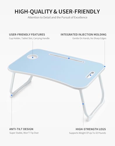 ZEAPTAC Laptop Bed Desk, Foldable Lap Desk, Portable Lap Table, Laptop Stand with Cup Holder & Tablet Slot & Lifting Handle for Working Writing Drawing & Eating - Blue - color: Blue
