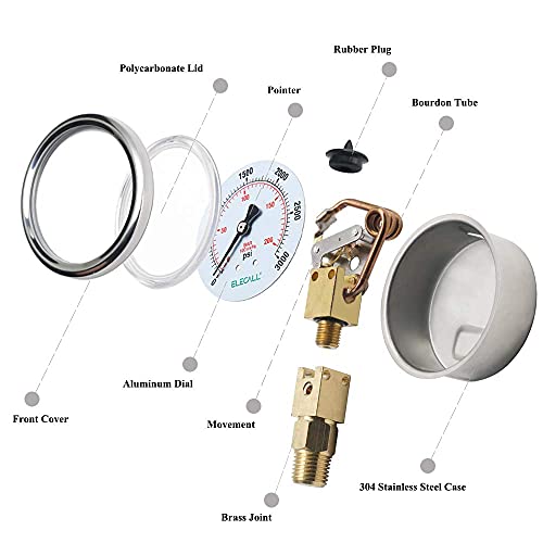 2-1/2” Glycerin Liquid Filled Air Pressure Gauge, 0-3000Psi, 1/4”NPT Lower Mount, Stainless Steel Case, Brass Internals, Water Pressure Gauge - size: 0-3000 Psi